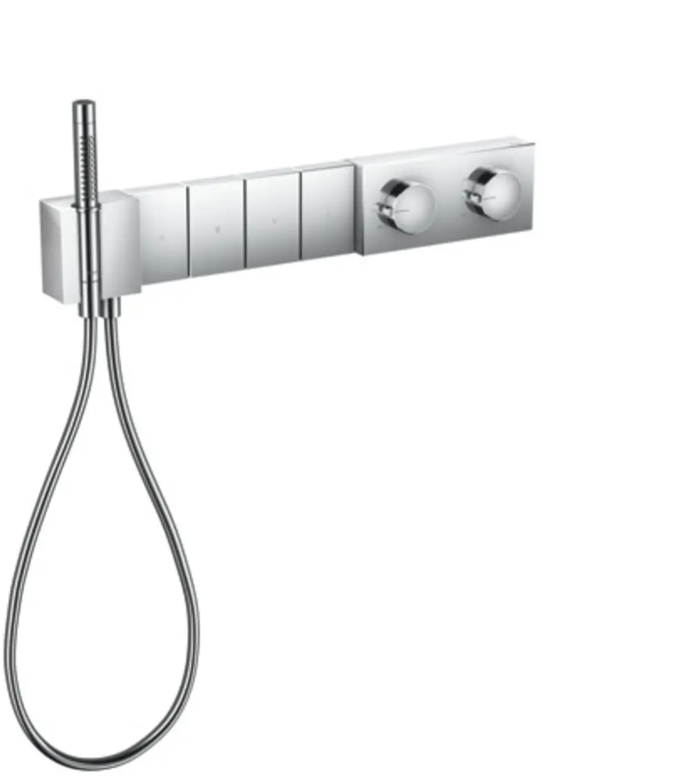 Thermostatmodul von AXOR mit zwei Bedienelementen und einem Handbrauseanschluss, montiert an einer Wand, für die Steuerung von vier Verbrauchern.